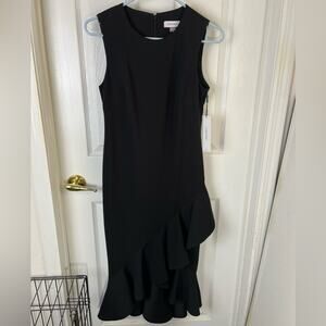 Calvin Klein Black sleeveless stretch crepe dress with ruffle hem, size 4